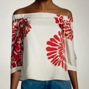 Tibi Off-Shoulder White Top with Red Floral Pattern